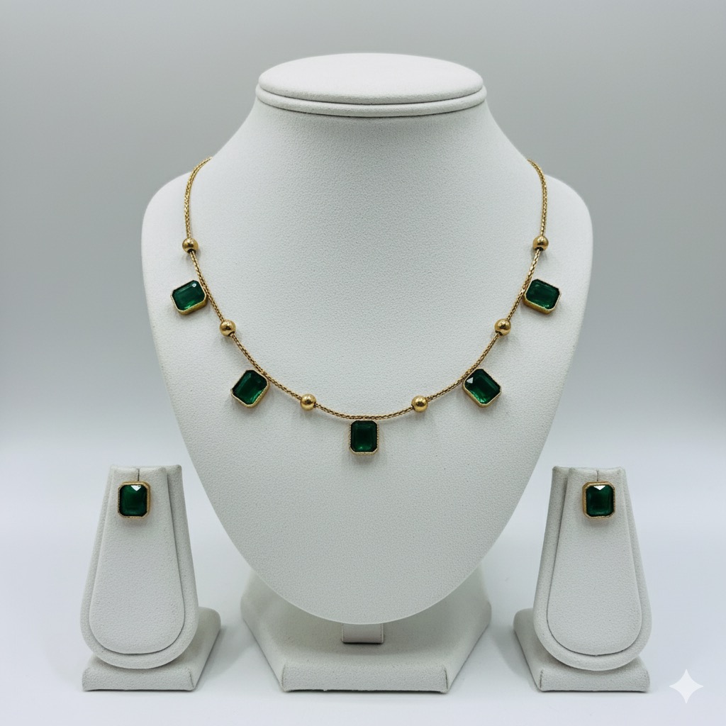 Emerald-Cut Green Gemstone Station Necklace and Stud Earring Set