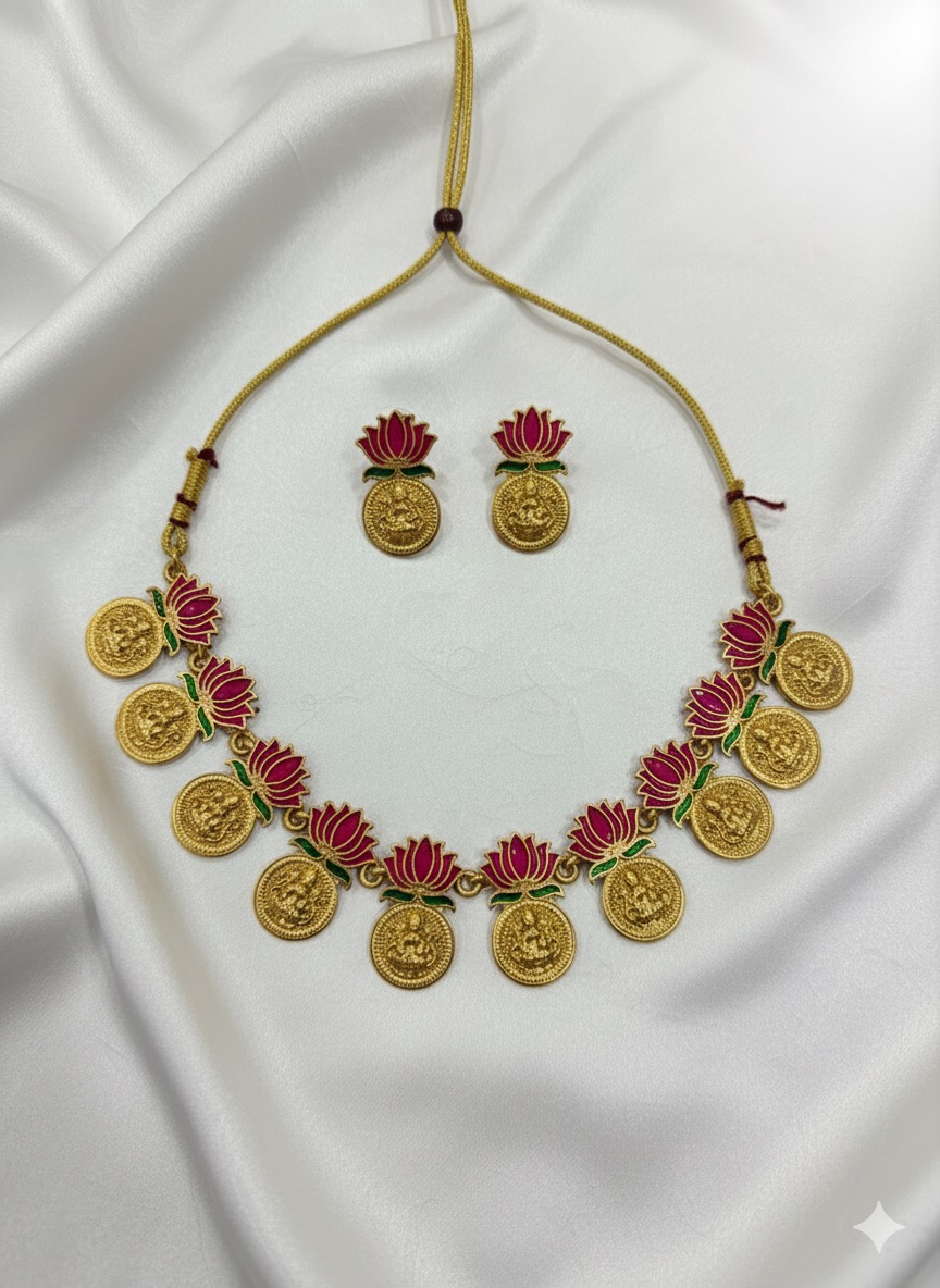 Short Lakshmi Kasu Mala (or Kasu Haram) with matching Lotus Stud Earrings.