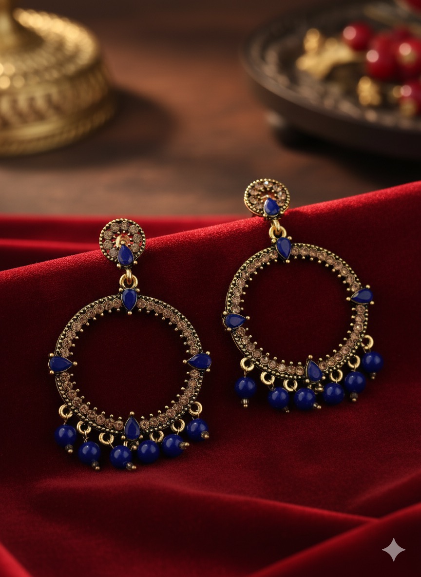 Blue Beaded Chandbali Drop Earrings