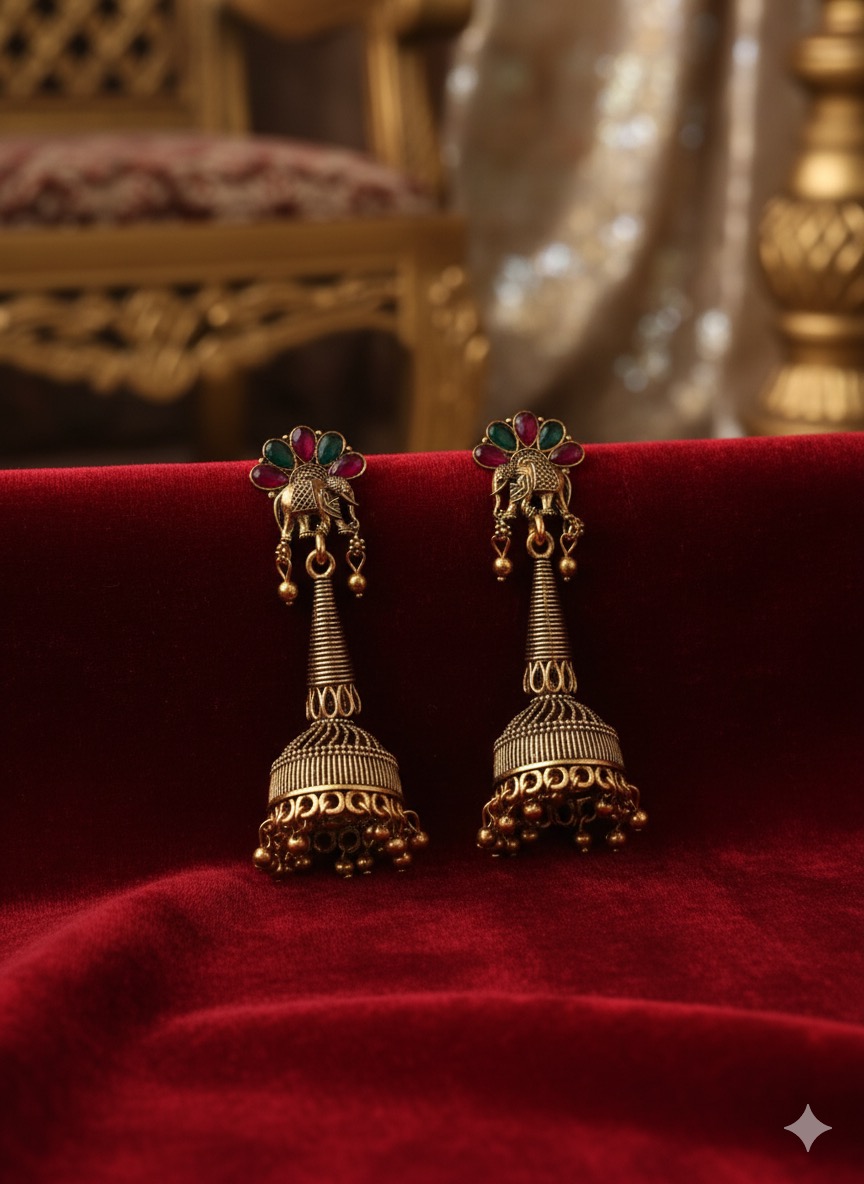 Antique Gold Peacock Jhumka Earrings with Ruby and Emerald Accents