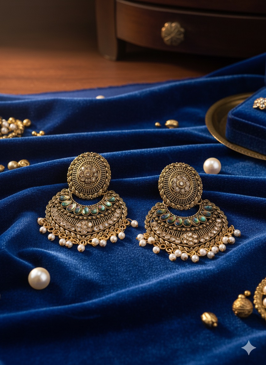 Antique Gold Plated Filigree Jhumka Earrings with Emerald Green Accents and Pearl Drops