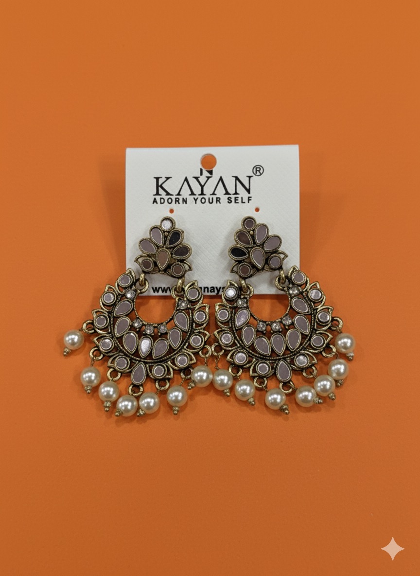 Kayan Antique Gold-Plated Mirror and Pearl Chandbali Jhumkas