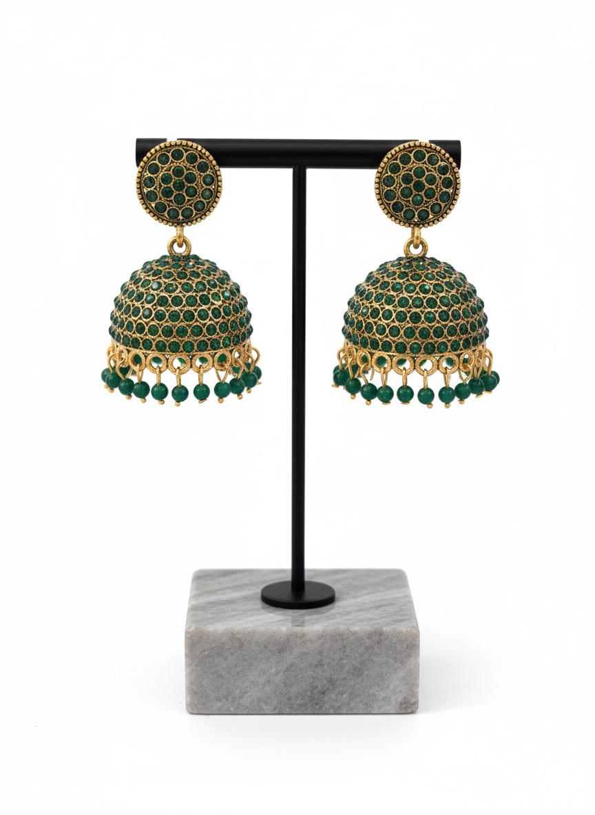 Antique Gold & Emerald Green Stone Jhumka Earrings