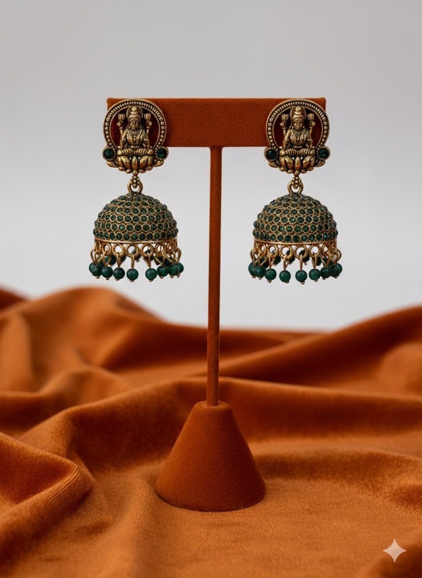 Antique Gold Temple Jhumkas with Lakshmi & Green Kemp Stones