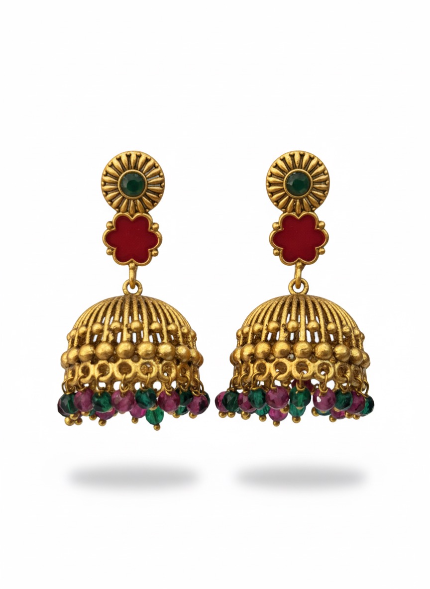 Antique Gold-Plated 'Jhumka' Earrings with Ruby and Emerald Beads