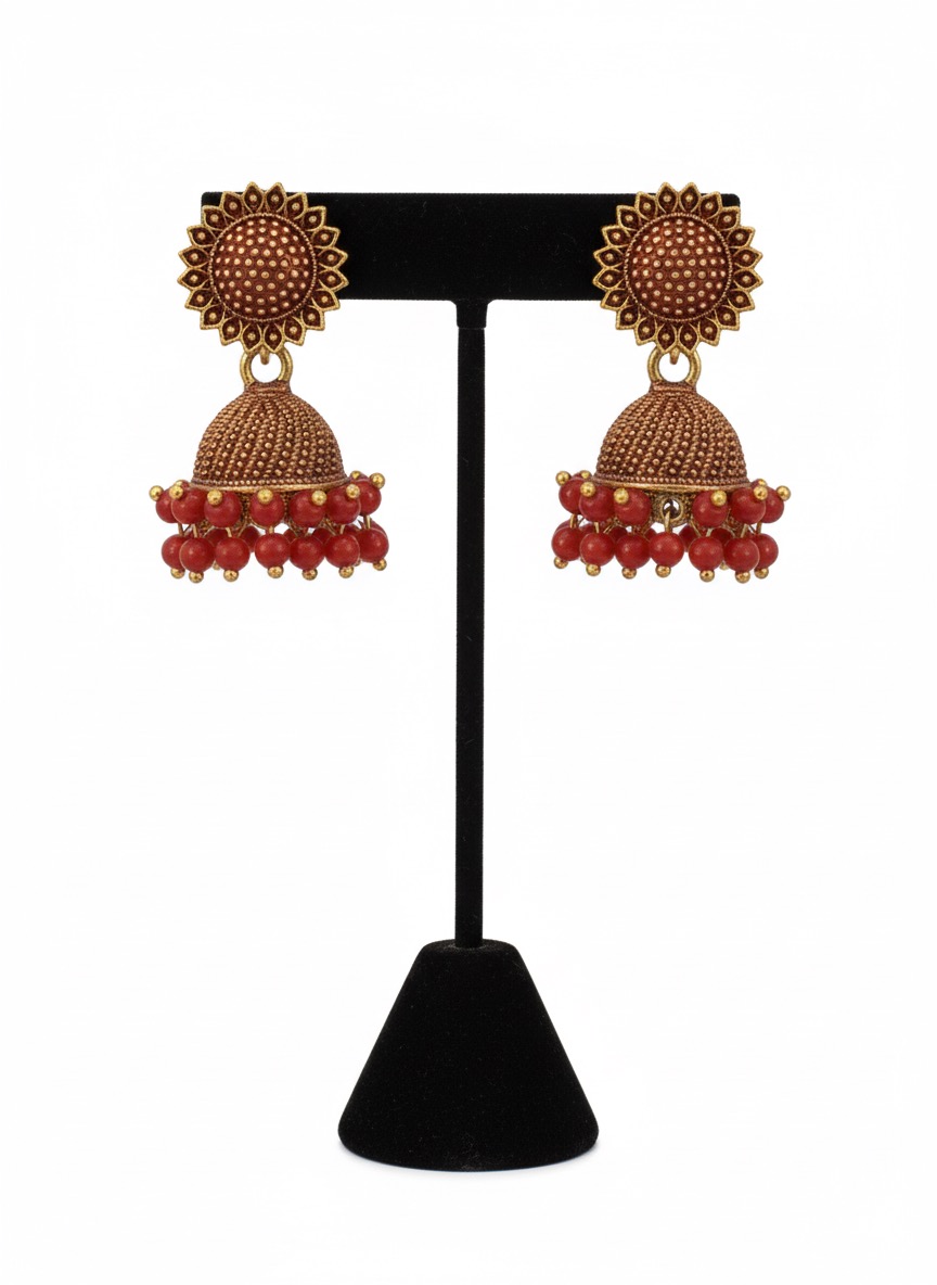 Antique-Finish Red Beaded Jhumka Earrings