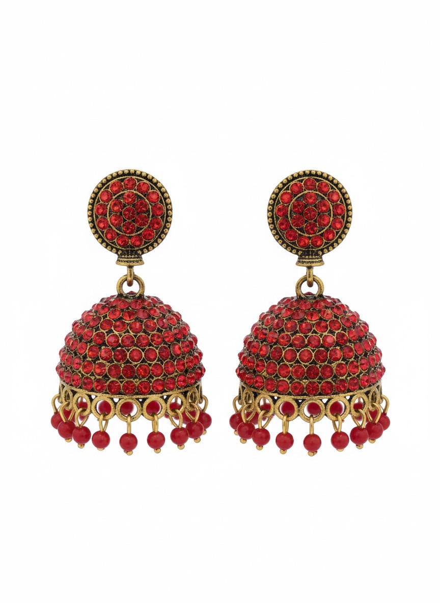 "Aarohi" Antique Gold Jhumka Earrings with Ruby Red Beads