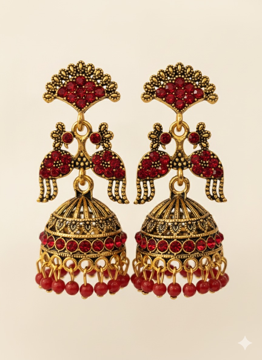 Antique Gold-Plated Peacock & Ruby Red Kemp Stone Jhumka Earrings
