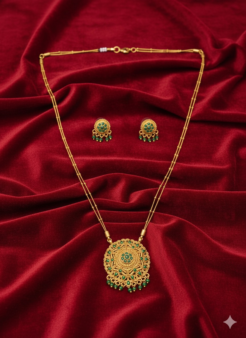Antique Gold-Plated Lakshmi Temple Necklace with Green Kemp Stones