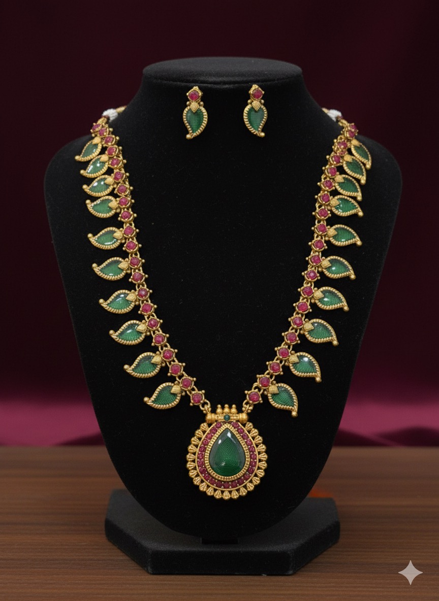 Traditional Matte/Antique Gold Finish Kemp Stone Mango Design Necklace Set