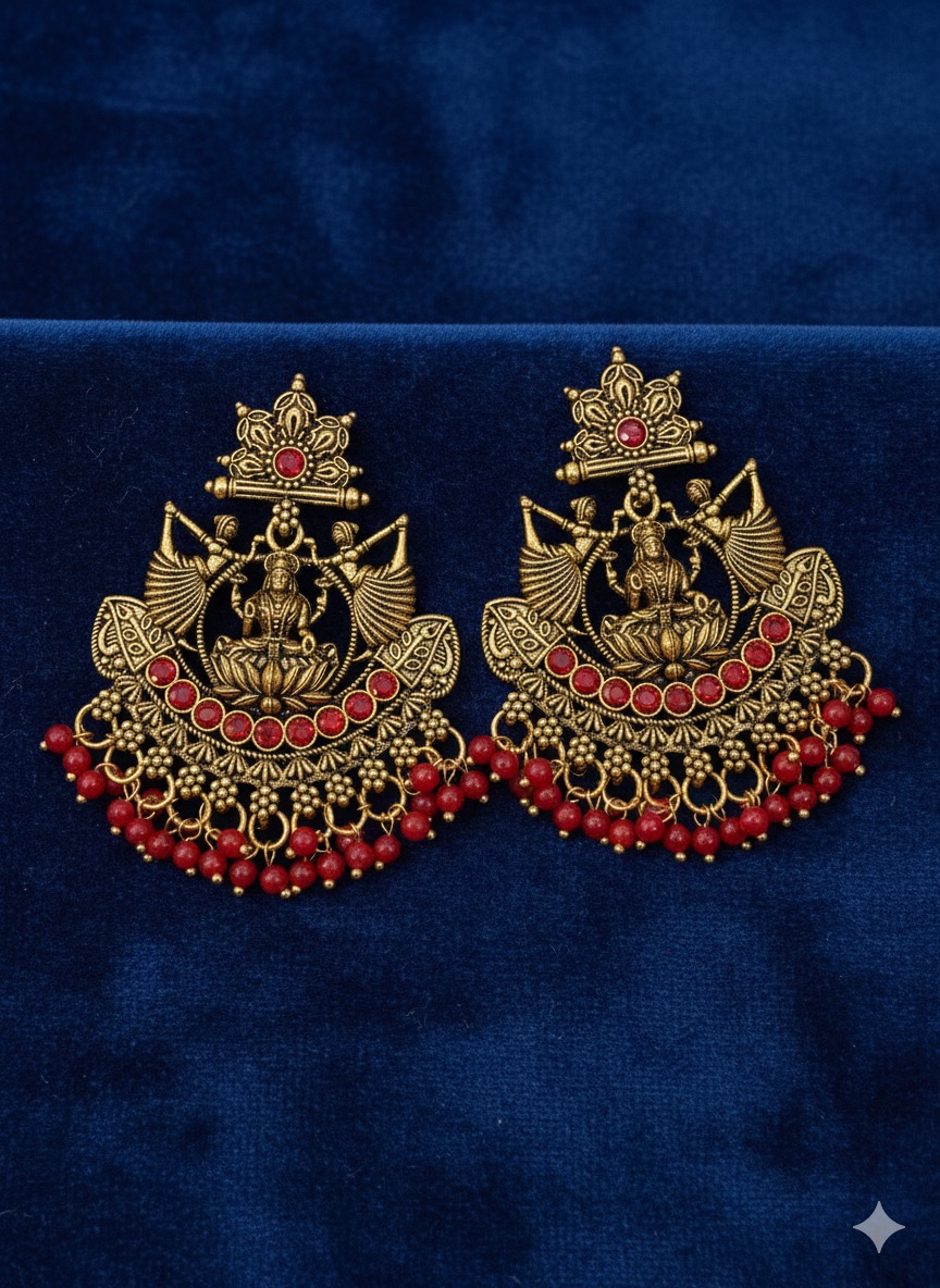 • Antique Gold-Plated Lakshmi Motif Jhumka Earrings