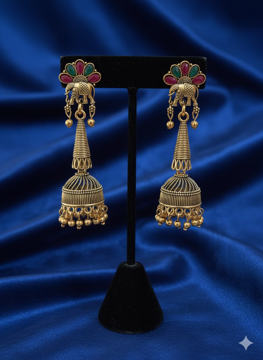 Oxidized Gold-Plated Elephant Jhumka Earrings with Ruby & Emerald Stone Detailing"