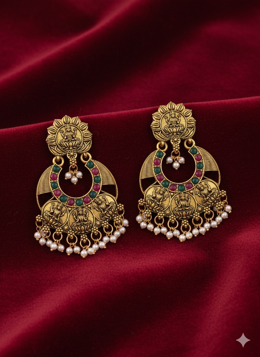 Traditional Gold-Toned Goddess Lakshmi Temple Earrings with Gemstone Accents