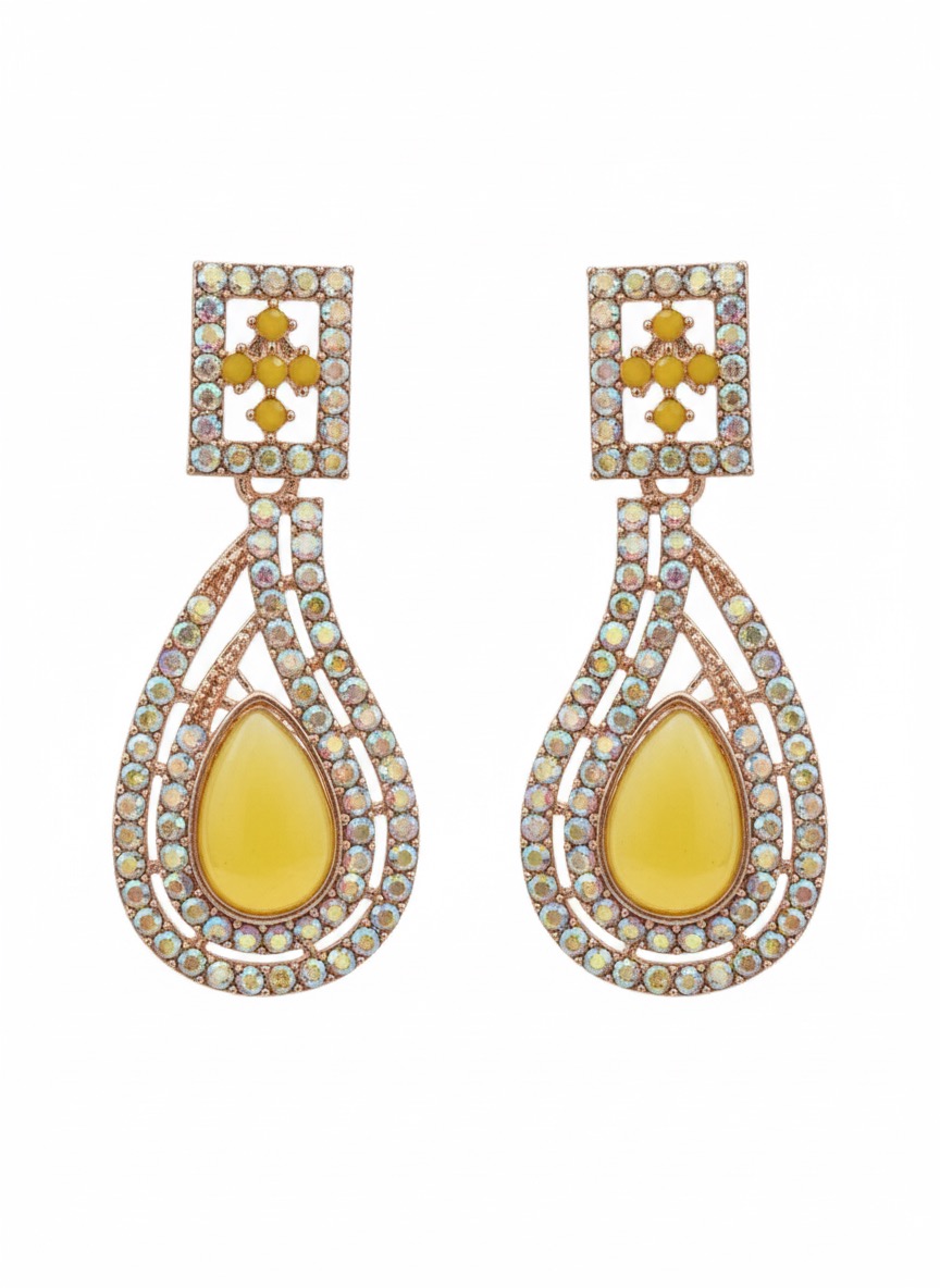• Yellow-Opaline Teardrop & Crystal Dangle Earrings