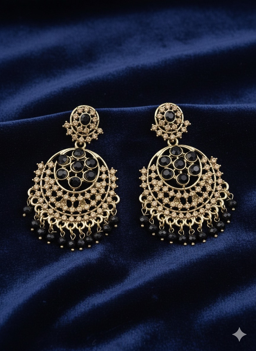 Antique Gold-Toned Chandelier Earrings with Black Stones