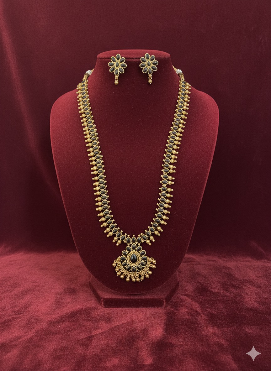 Antique Lakshmi Coin/Manga Design Black Stone Long Haram with Jhumka Earrings