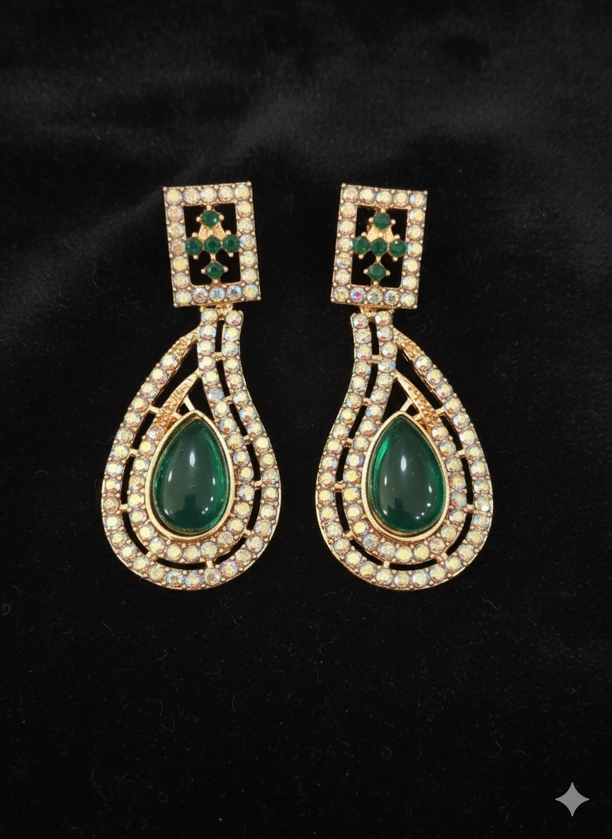 Regal Green Stone and Diamond-Accented Teardrop Earrings