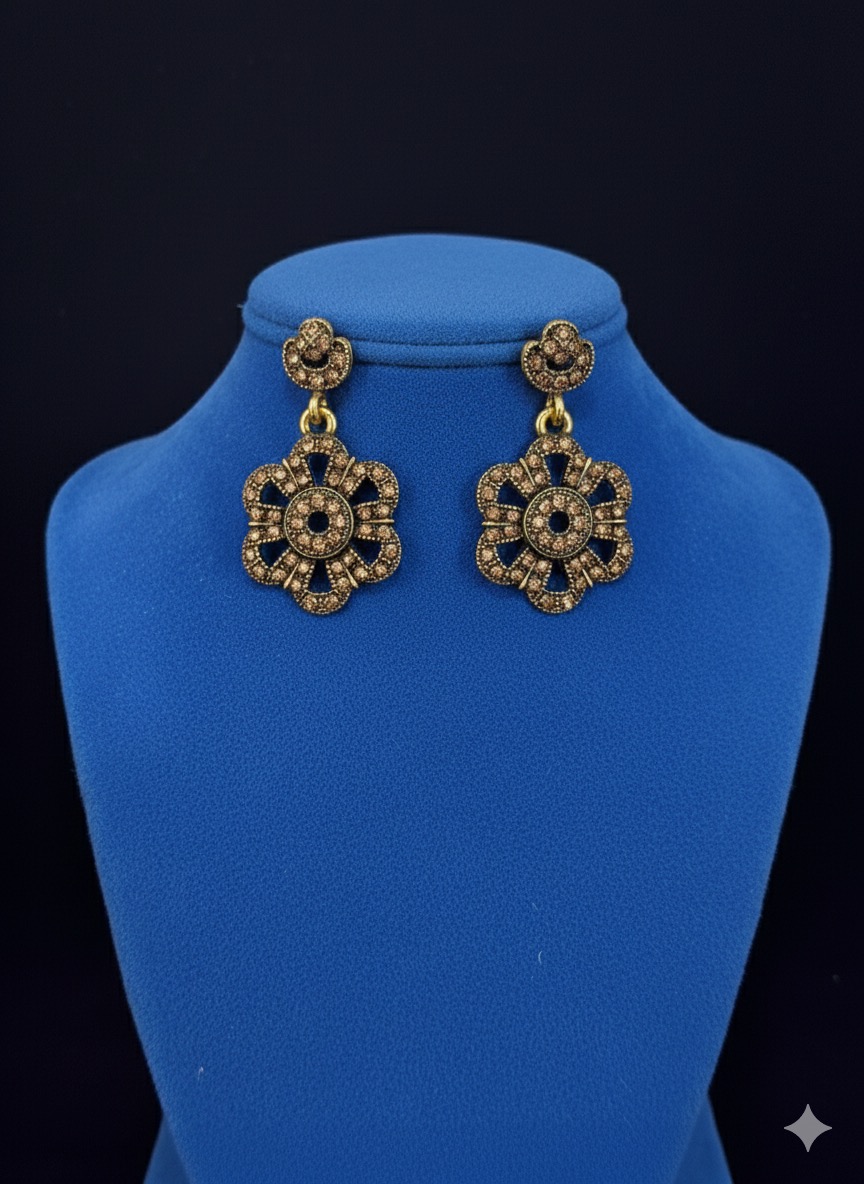 Kayan Antique Gold Finish Floral Dangle Earrings