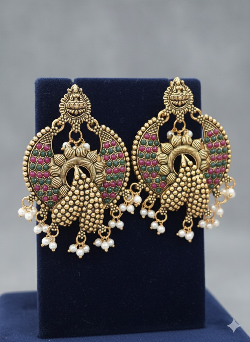 Antique Gold Plated Peacock Jhumka Earrings with Ruby and Emerald Accents