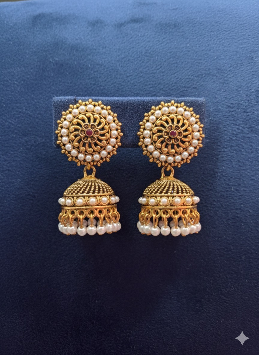 Antique Gold-Plated Jhumka Earrings with Pearls and Ruby (or Kempu) Accents.