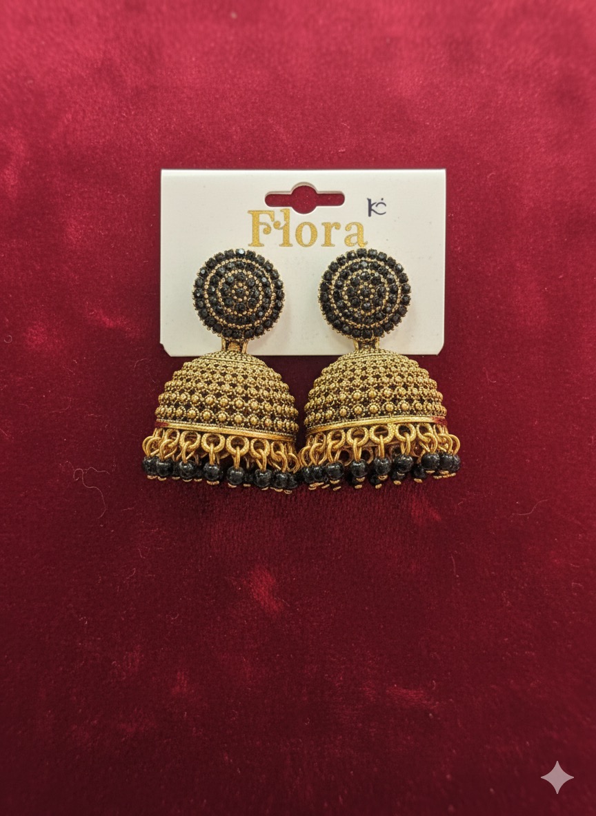 Traditional Antique Gold Jhumka Earrings with Black Embellishment
