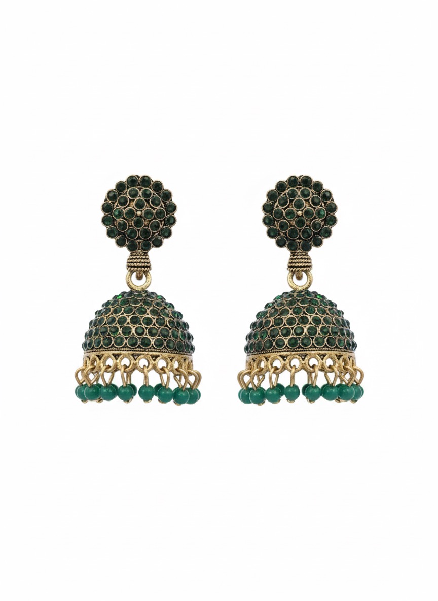 Antique Gold & Green Stone Jhumka Earrings