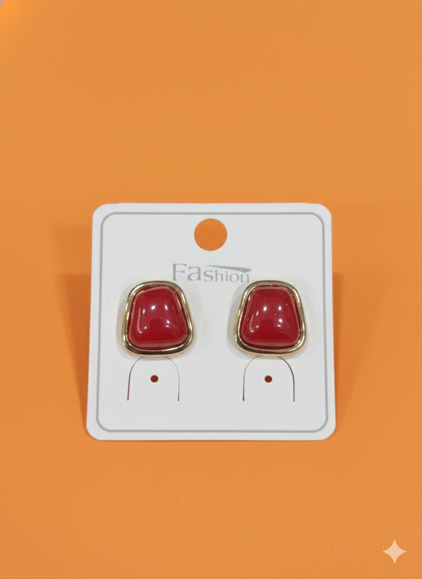 Crimson Resin and Gold-Trim Stud Earrings