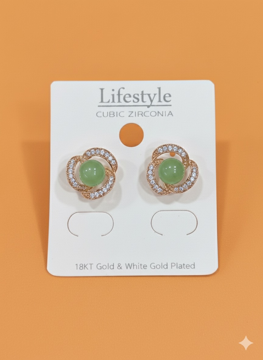 Lifestyle 18KT Gold & White Gold Plated Green Jade/Stone Stud Earrings with Cubic Zirconia