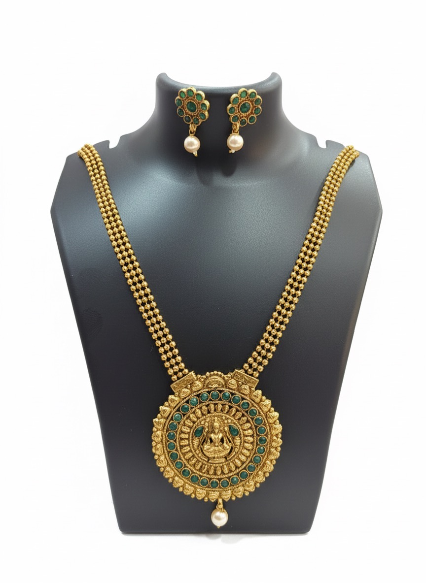 Traditional Lakshmi Temple Long Haram Set with Green Kemp Stones