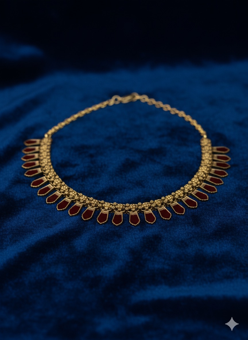 "The Padma" Antique Gold-Tone & Maroon Enameled Floral Choker Necklace