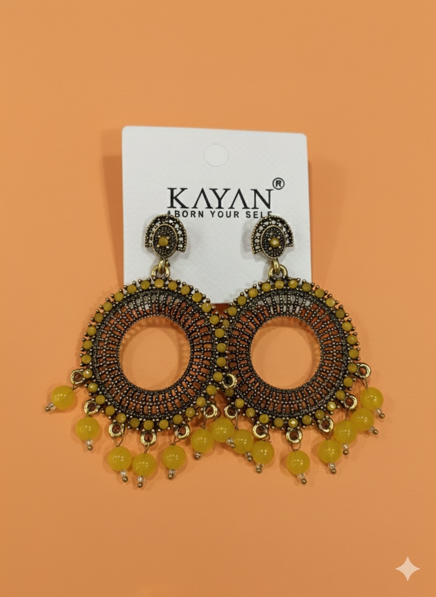 Antique Gold Tone Jhumka-Style Hoop Earrings with Yellow Beaded Drops