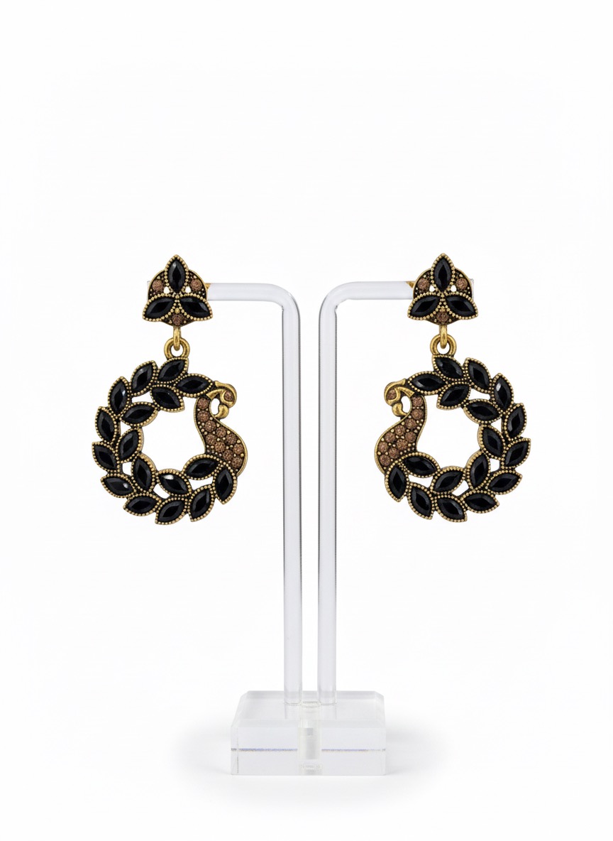 Black and Gold Tone Peacock Style Drop Earrings.